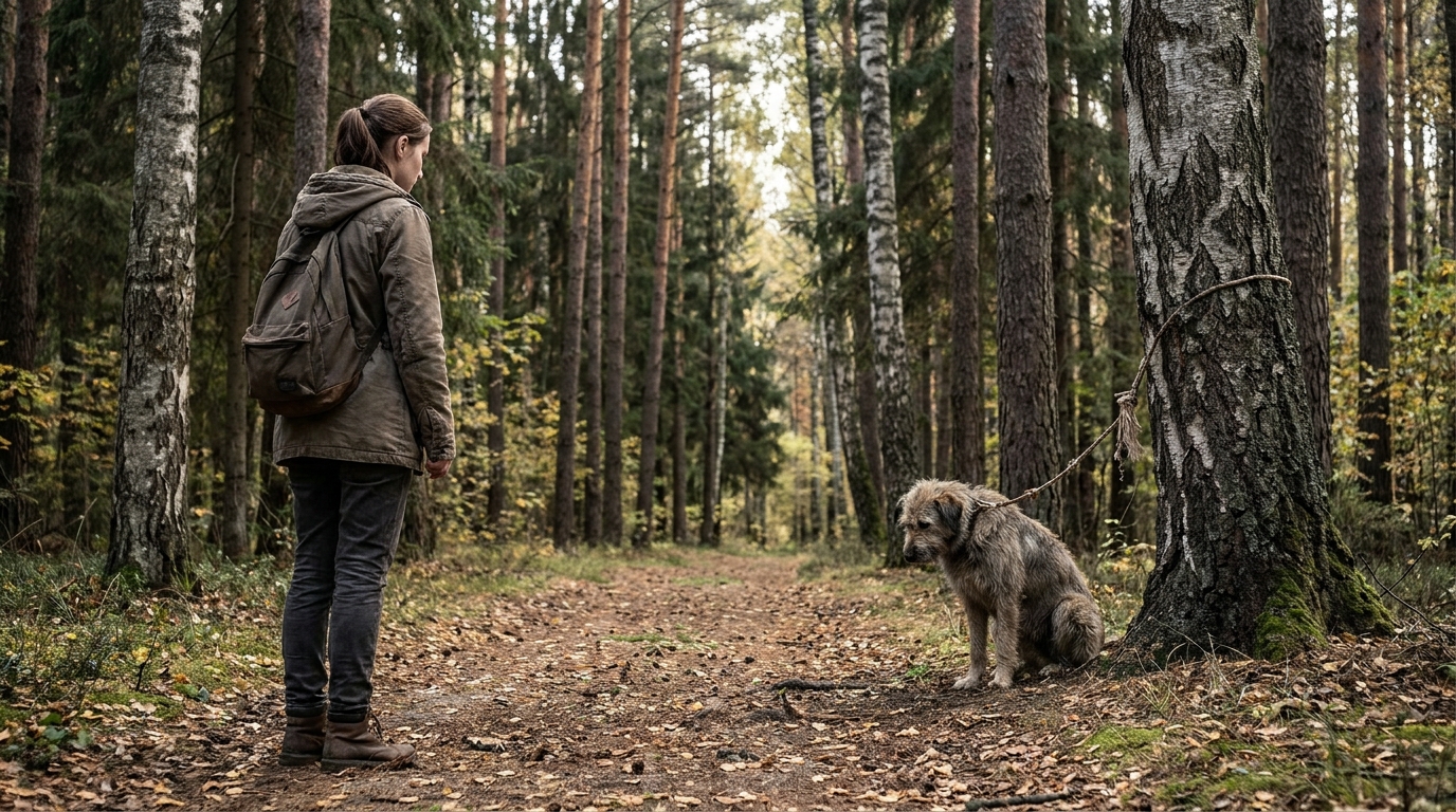 Une femme au regard choqué s'approche d'un chien de race mixte attaché à un arbre dans une forêt dense et sombre.
