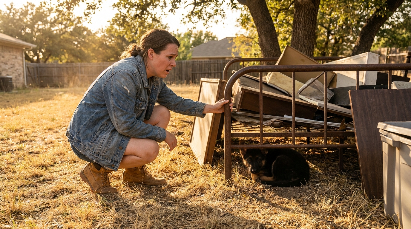 Une femme découvre avec effroi un chiot berger allemand abandonné au milieu d'encombrants dans un jardin au Texas.