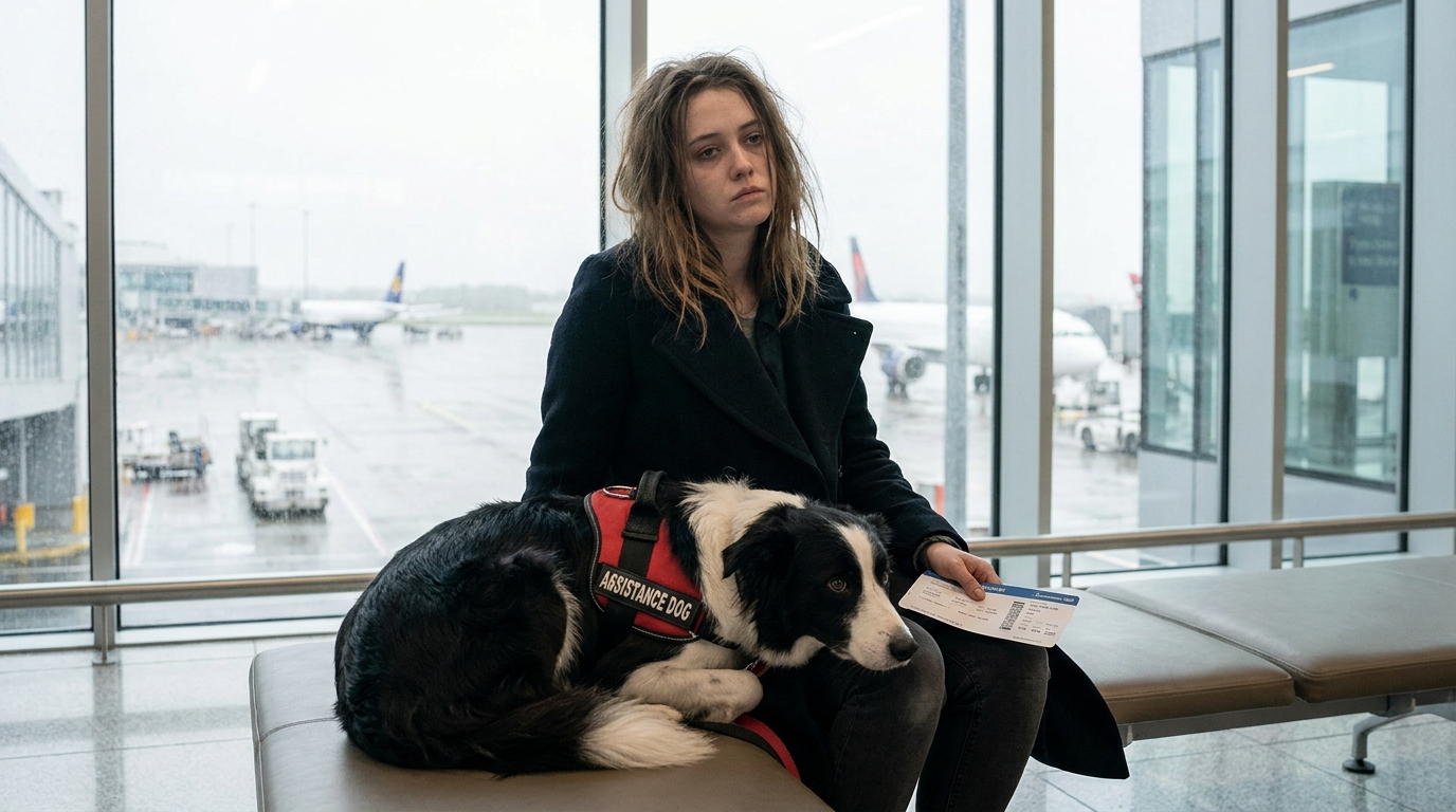 Une jeune femme assise sur un banc dans un hall d'aéroport, l'air abattu, son chien d'assistance border collie couché fidèlement à ses pieds.
