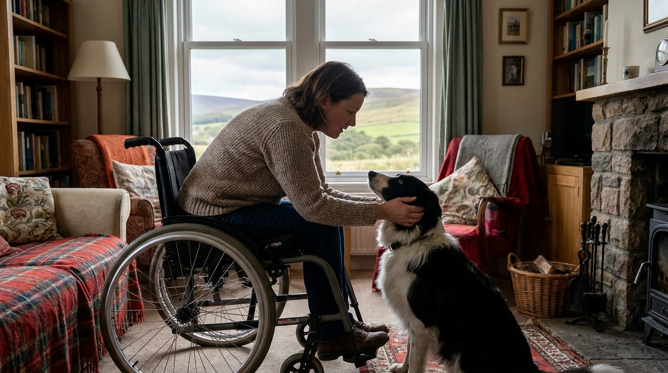Une femme en fauteuil roulant caresse avec tendresse son chien Border Collie assis à ses pieds dans un salon écossais.