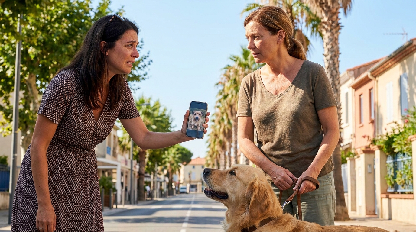 Une femme montre la photo d'un chien sur son smartphone à une autre personne qui promène son propre chien, illustrant une arnaque à l'empathie.