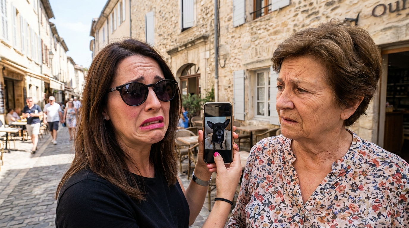 Une femme montre la photo d'un petit chien noir sur son smartphone à une personne dans la rue, illustrant une technique de vol par ruse.