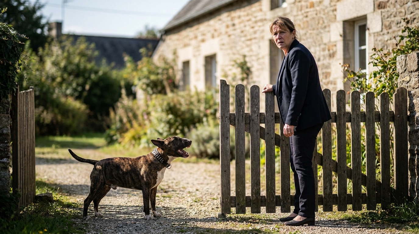 Une femme recule de peur face à un chien de type bull-terrier qui grogne, dans l'entrée d'une propriété en Bretagne.