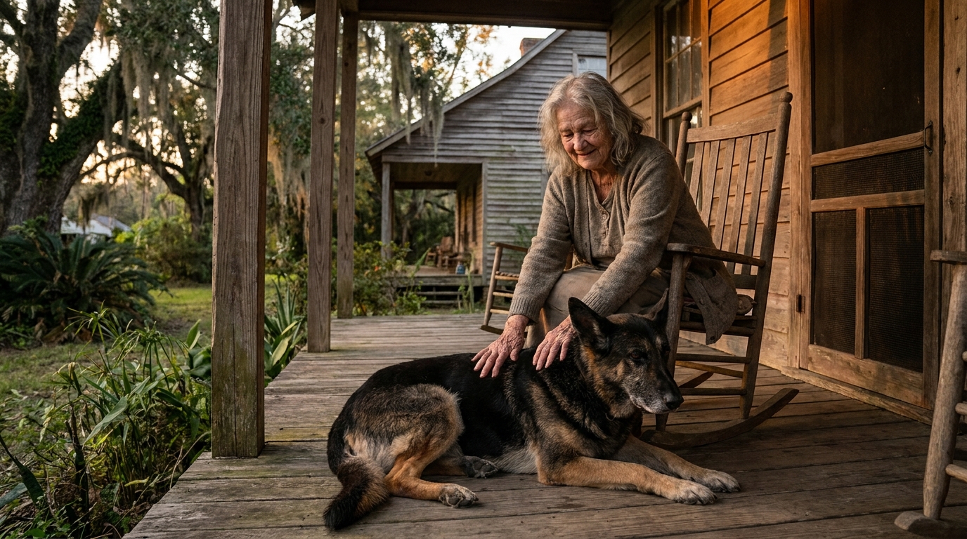 Une ancienne policière regarde avec tendresse son chien, un vétéran de l'armée, couché à ses pieds sur un porche en bois.