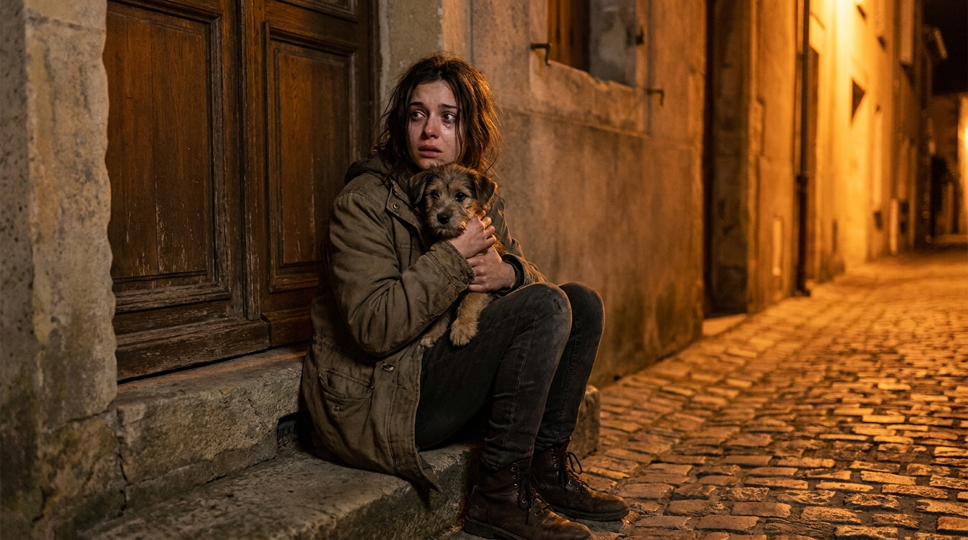Une jeune femme assise sur les marches d'une maison la nuit, tenant dans ses bras un petit chiot apeuré, le regard triste et inquiet.