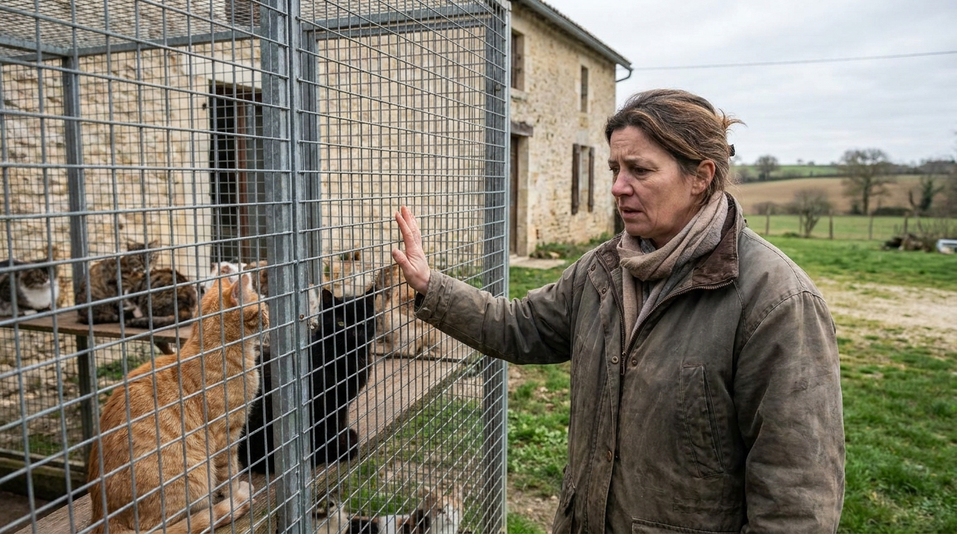 Une bénévole de refuge, l'air anxieux, observe plusieurs chats à travers le grillage d'un enclos extérieur en campagne française.