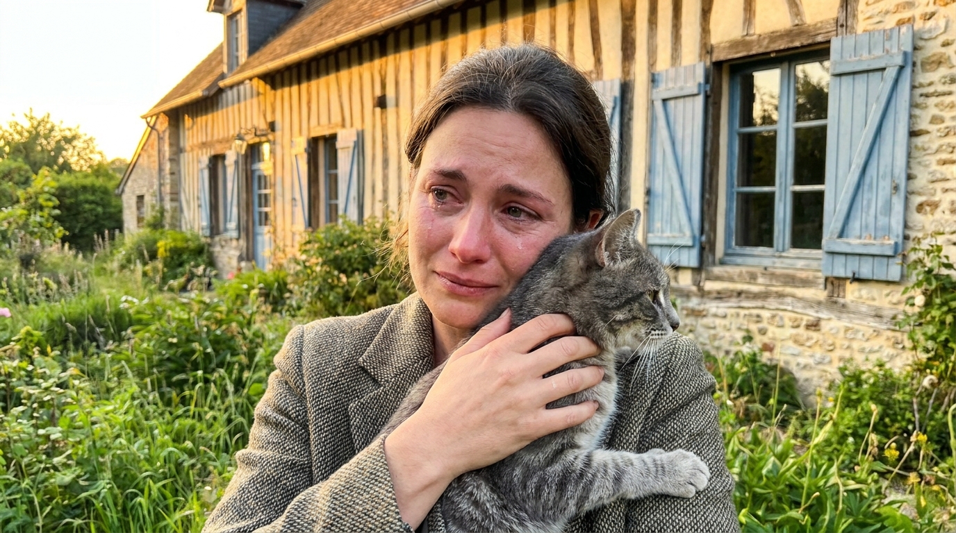Une femme émue serre dans ses bras son chat gris, Grisou, retrouvé dans le Calvados après deux ans de disparition.
