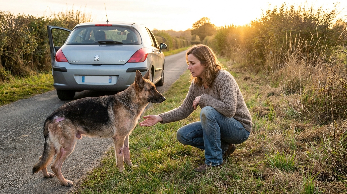 Une femme au grand cœur sauve un Berger Allemand errant malade en l'accueillant dans sa voiture pour l'emmener chez le vétérinaire.