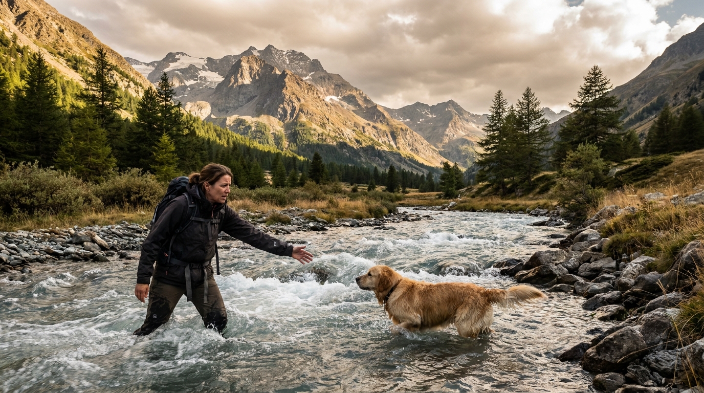 Une femme saute dans une rivière de montagne au courant rapide pour tenter de rattraper son chien emporté par les eaux tumultueuses.