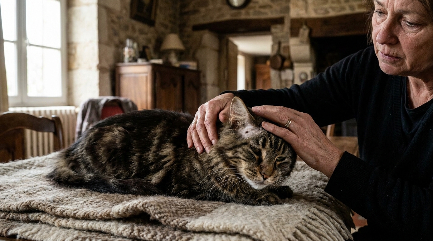 Un magnifique chat de race Maine Coon au pelage tigré, l'air affaibli, reçoit des soins tendres de sa maîtresse inquiète dans un intérieur.