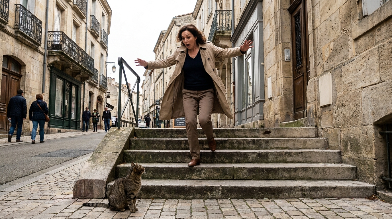 Une femme perd l'équilibre et tombe dans un escalier extérieur, un petit chat roux la regarde depuis le bas des marches.