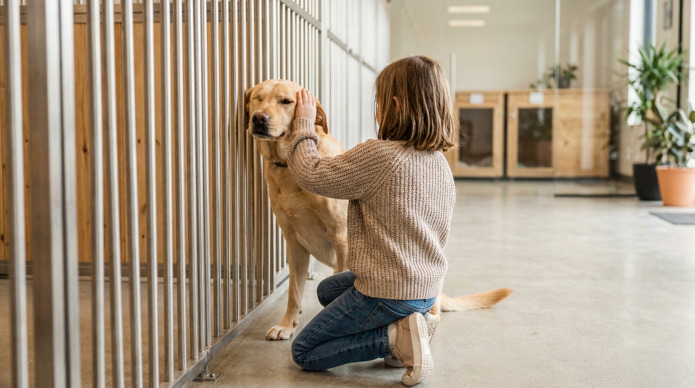 Une adorable chienne croisée Labrador avec un seul œil reçoit une caresse d'une petite fille à travers les barreaux d'un enclos de refuge.