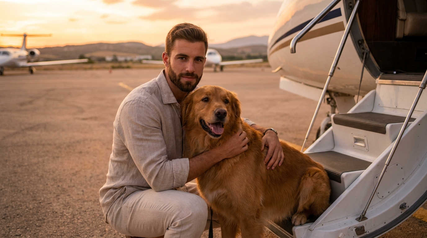 Un jeune homme au style décontracté assis sur les marches d'un jet privé, son grand chien affectueusement blotti contre lui avant un grand voyage.