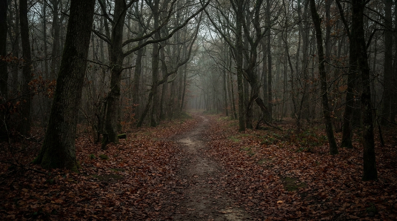 Un sentier forestier sombre et désert en automne dans la forêt de Retz, en France, évoquant le lieu du drame.
