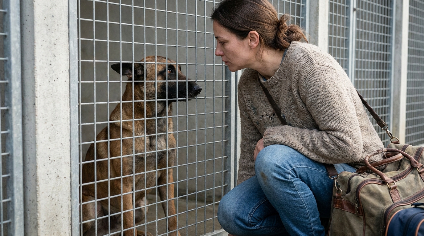 Un chien de type malinois dans son box de fourrière regarde avec espoir une employée, illustrant la saturation des refuges.