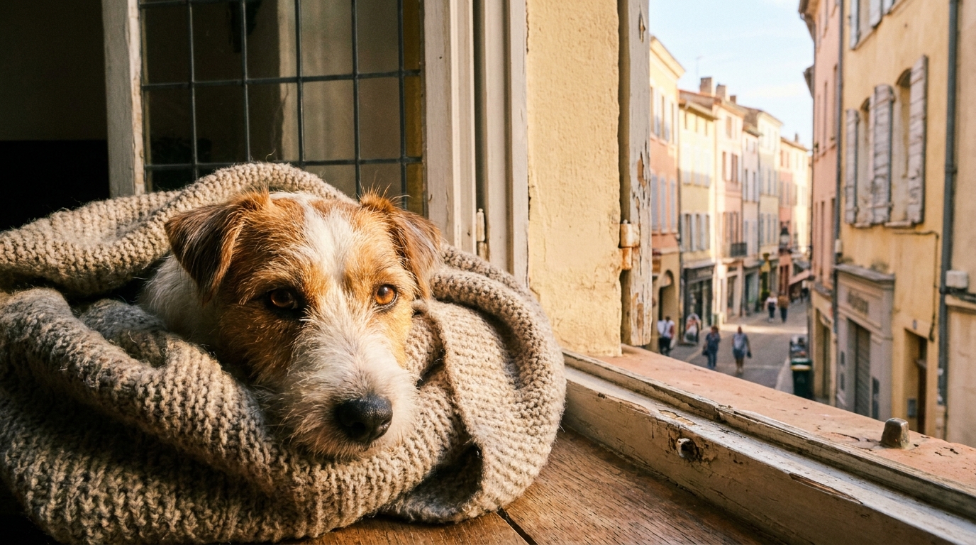 Un petit fox-terrier blanc au regard triste mais plein d'espoir, couché dans un panier douillet dans un refuge.