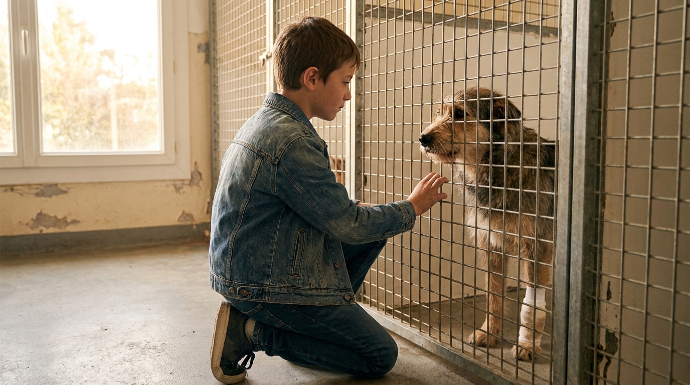 Un jeune garçon regarde avec compassion un chien blessé dans sa cage au refuge, une lueur d'espoir dans leurs yeux.