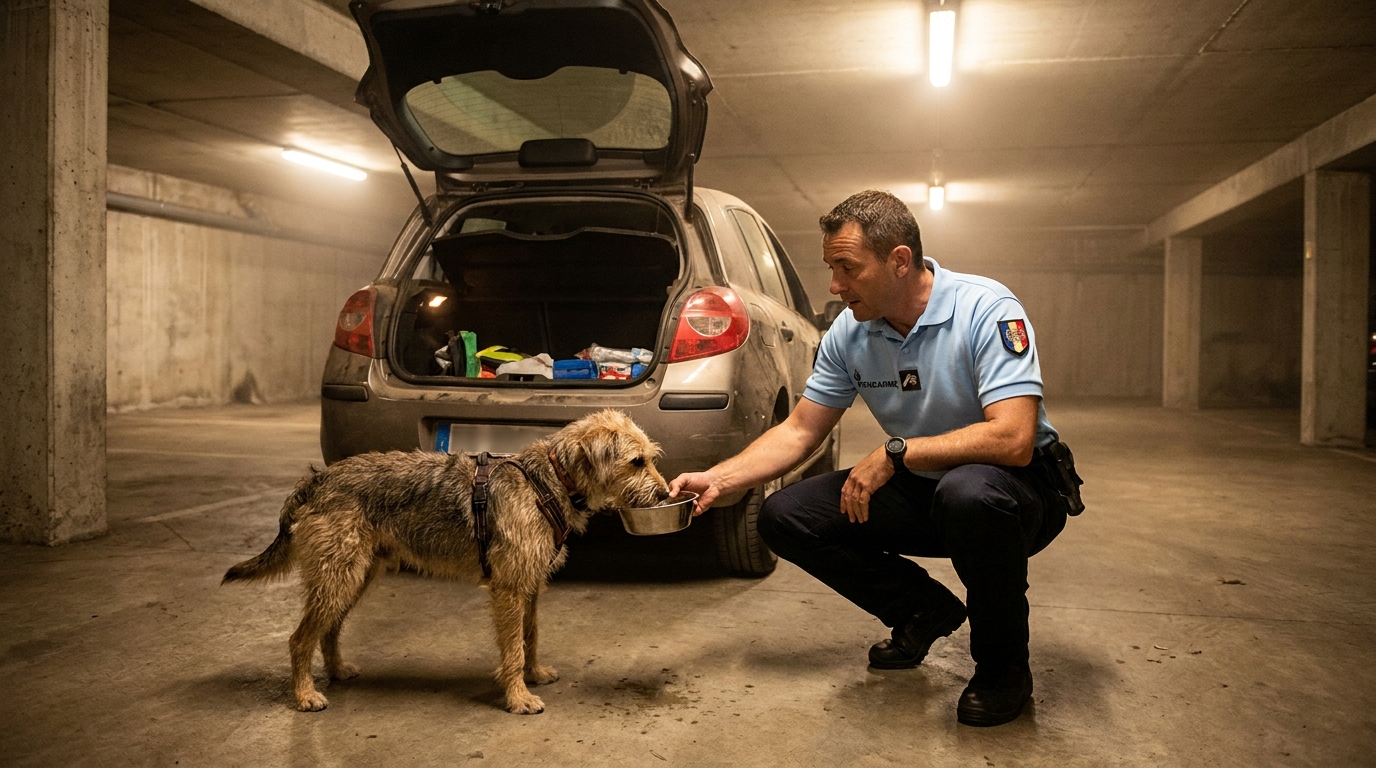 Un gendarme en uniforme français ouvre la portière d'une voiture pour donner de l'eau à un chien haletant sur un parking de centre commercial.