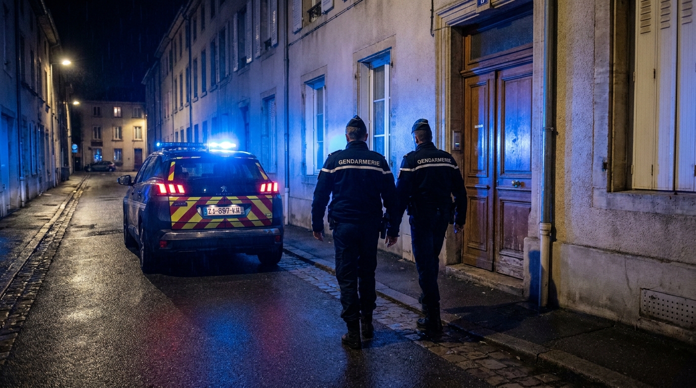 Des gendarmes français de dos, se dirigeant vers la porte d'un immeuble d'habitation la nuit, éclairés par le gyrophare de leur véhicule.