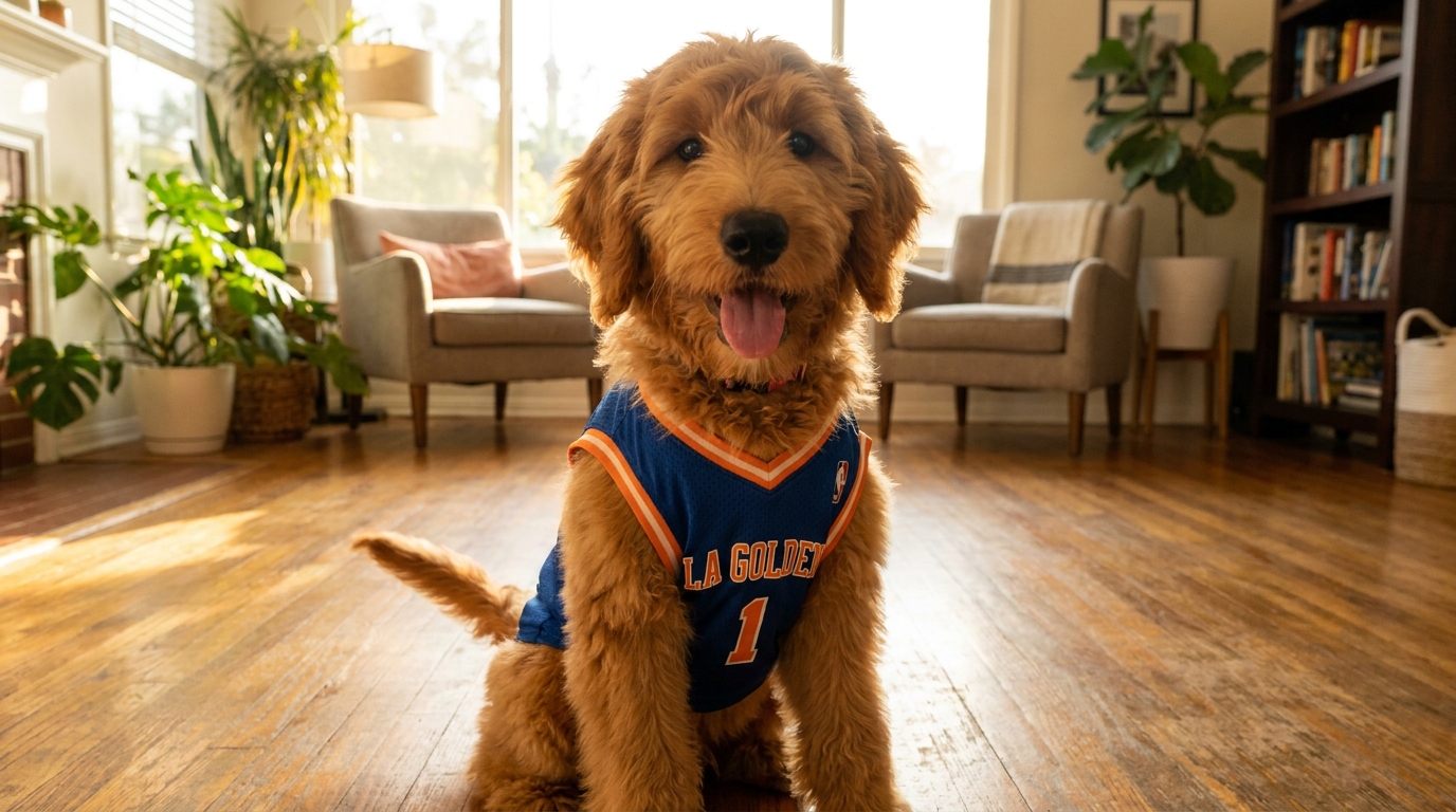 Jameson, un Goldendoodle de 2 ans, portant un maillot de basket, regarde tristement la caméra avant le drame.