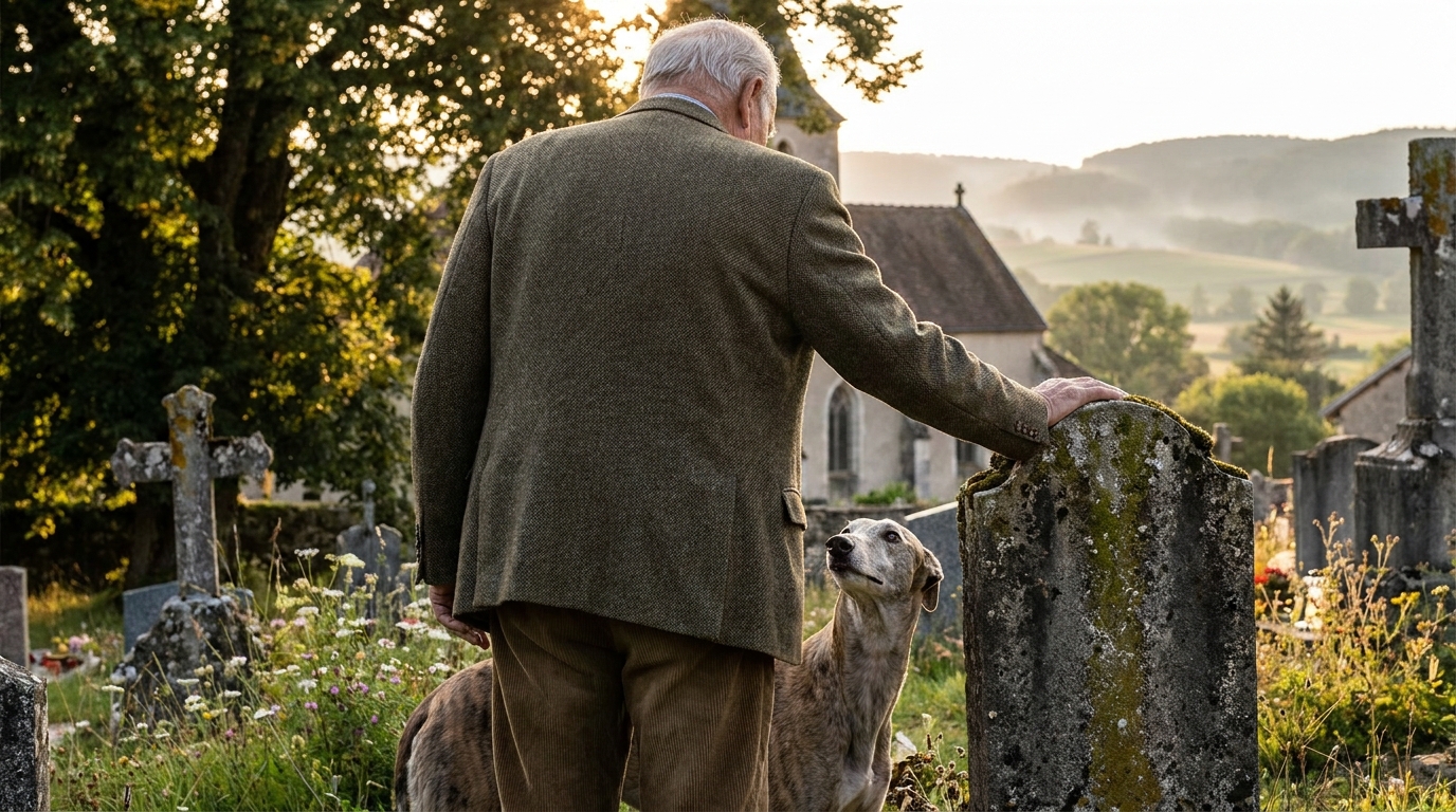 Un homme de dos, silhouette grisonnante, regarde avec tendresse son chien lévrier près d'une tombe dans un cimetière en France.