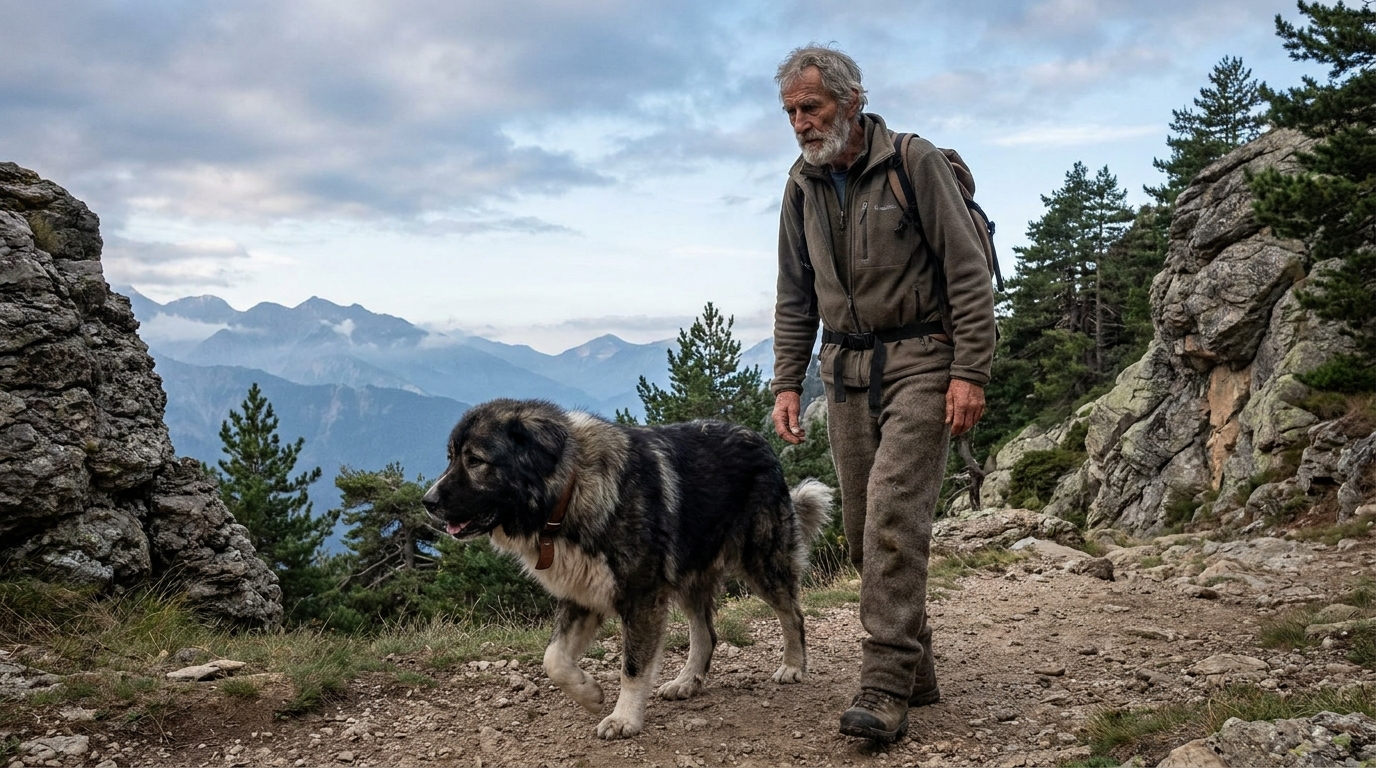 Un homme âgé et son chien de race caucasienne marchent ensemble sur un sentier de montagne, illustrant la disparition dans les Hautes-Alpes.