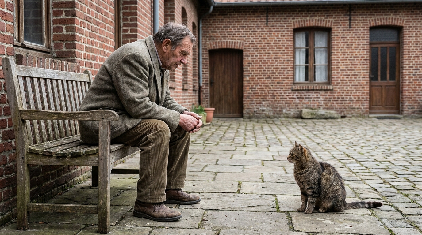 Un homme âgé, le visage empreint de tristesse, regarde un chat errant assis sur un muret dans une rue française.