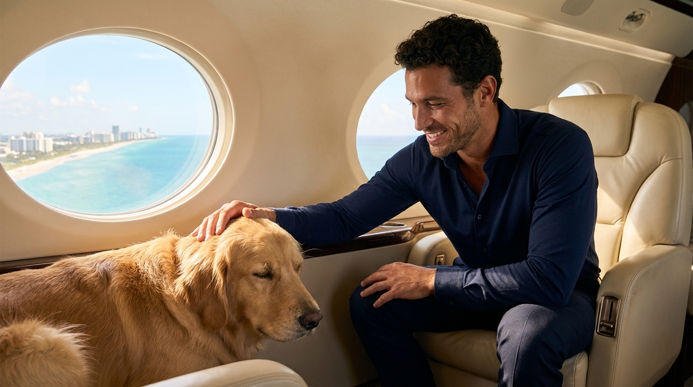 Un homme assis dans un jet privé regarde avec tendresse son chien confortablement installé sur le siège en cuir à côté de lui.