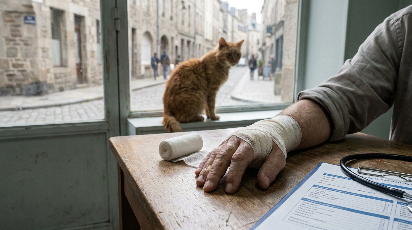 Un homme avec une main bandée après une morsure de chat, illustrant la découverte d'une nouvelle bactérie.