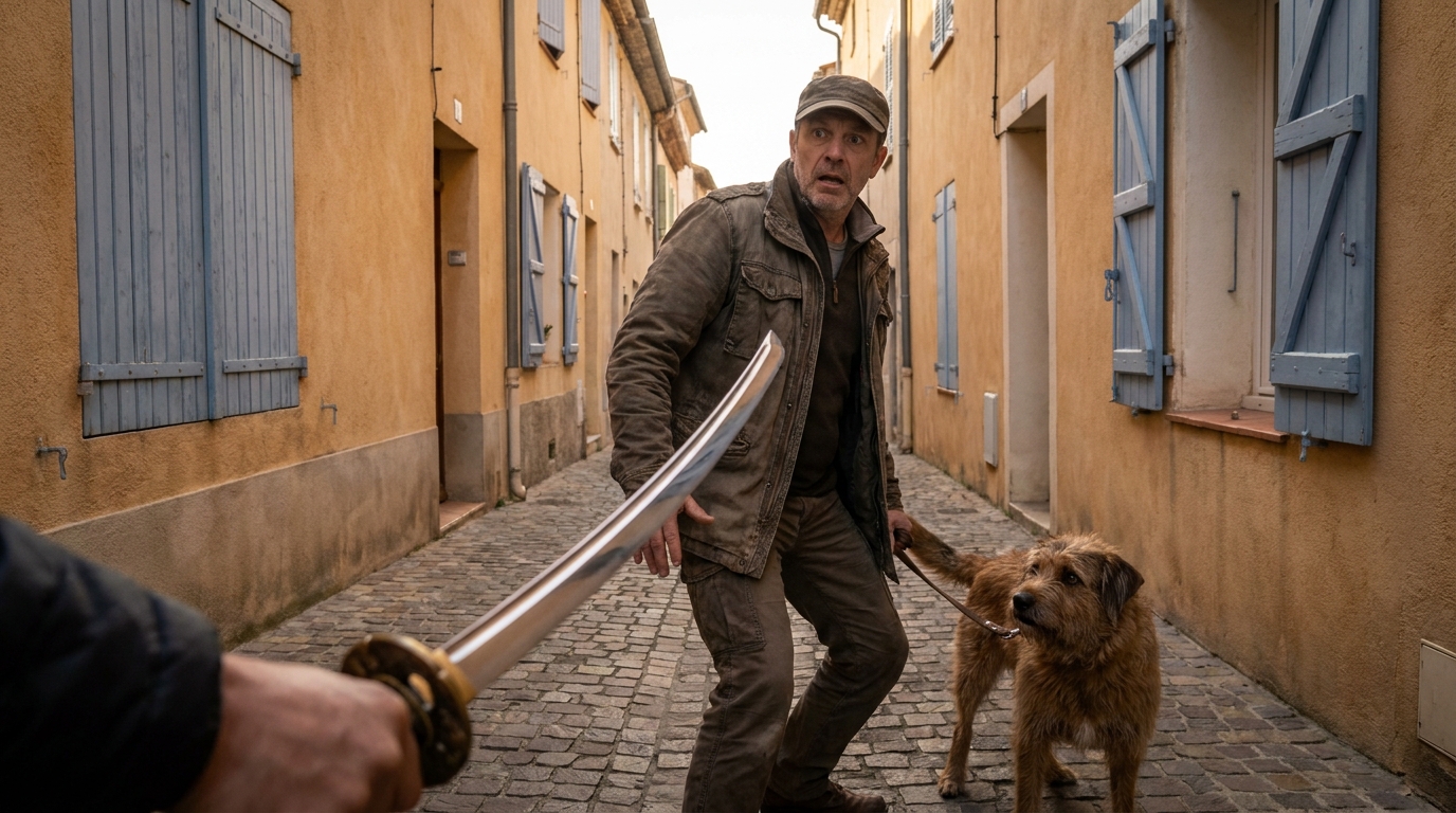 Un homme marche avec son chien en laisse dans une rue résidentielle calme en France, le soleil du matin créant de longues ombres.