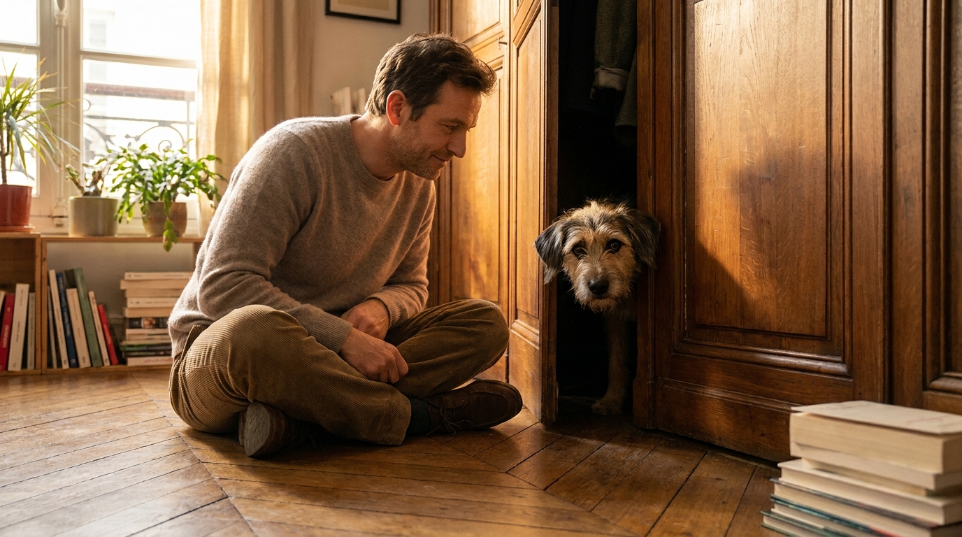 Un homme est assis par terre et parle doucement à son chien de race mixte qui se cache, l'air craintif, dans une penderie sombre.