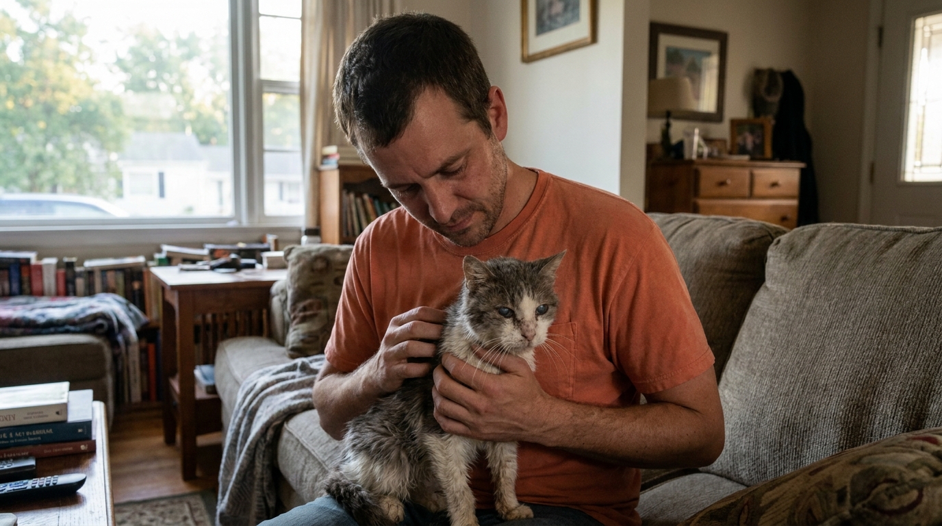 Un homme adulte est assis et tient tendrement dans ses bras son vieux chat grisonnant, lui offrant un dernier câlin.