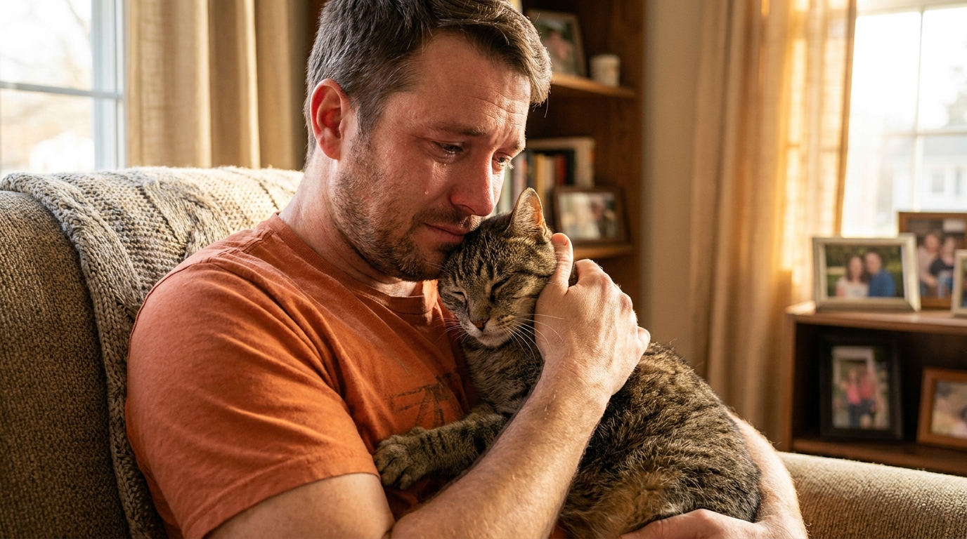 Un homme adulte tenant tendrement son chat senior dans ses bras, recréant une pose qu'il avait prise lorsqu'il était enfant avec le même chaton.