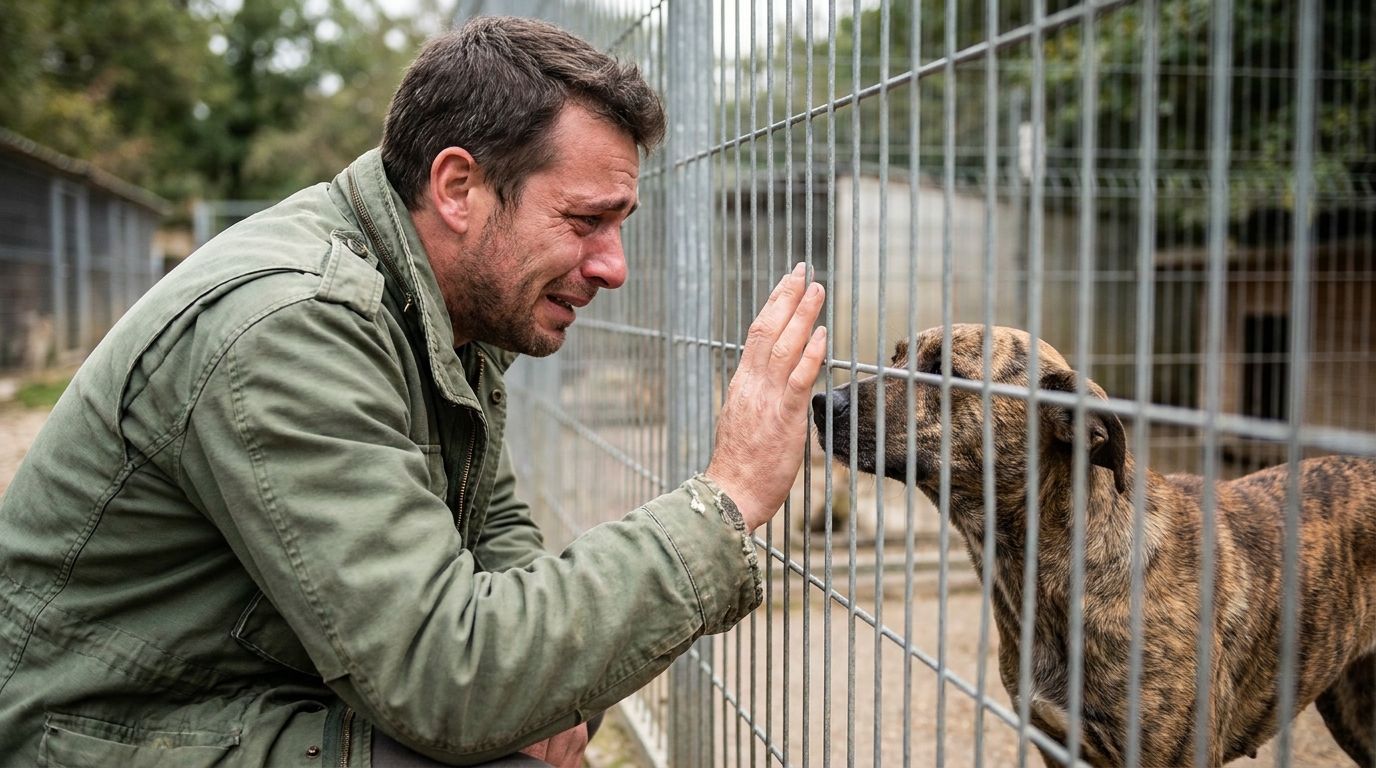 Un homme accroupi devant un box dans un refuge, il tend la main à un chien croisé au regard timide qui se trouve à l'intérieur.