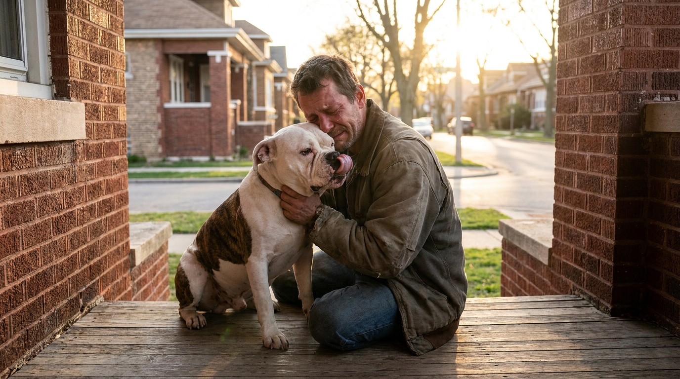 Un homme ému serre dans ses bras son Bouledogue Américain retrouvé après deux ans d'absence, sur le perron de sa maison.