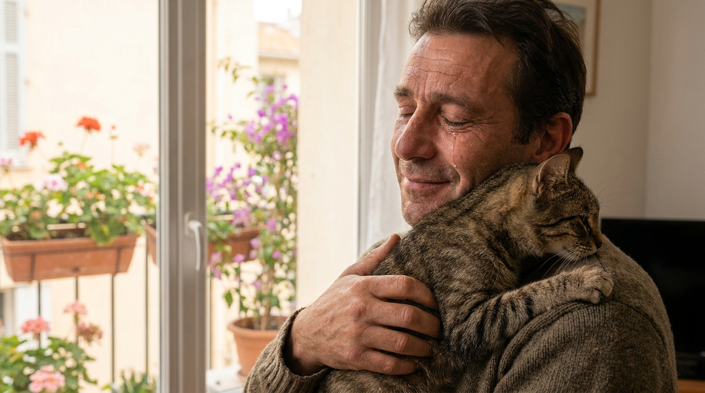 Un homme ému serre tendrement son chat dans ses bras, le visage empreint de soulagement et de joie après de longues retrouvailles.