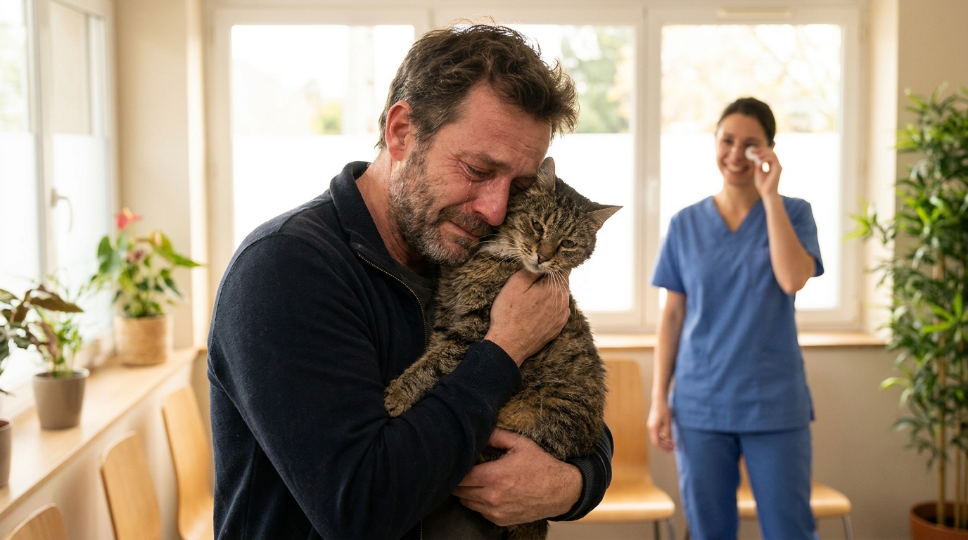 Un homme ému serre dans ses bras son chat tigré dans une clinique vétérinaire, scène de retrouvailles touchantes après 8 mois de séparation.