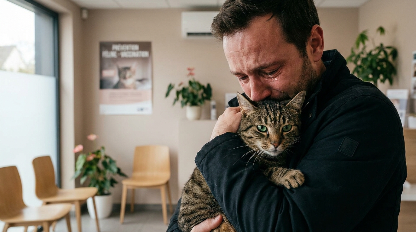 Un homme pleure de joie en serrant son chat tigré dans ses bras dans une clinique vétérinaire après l'avoir retrouvé.