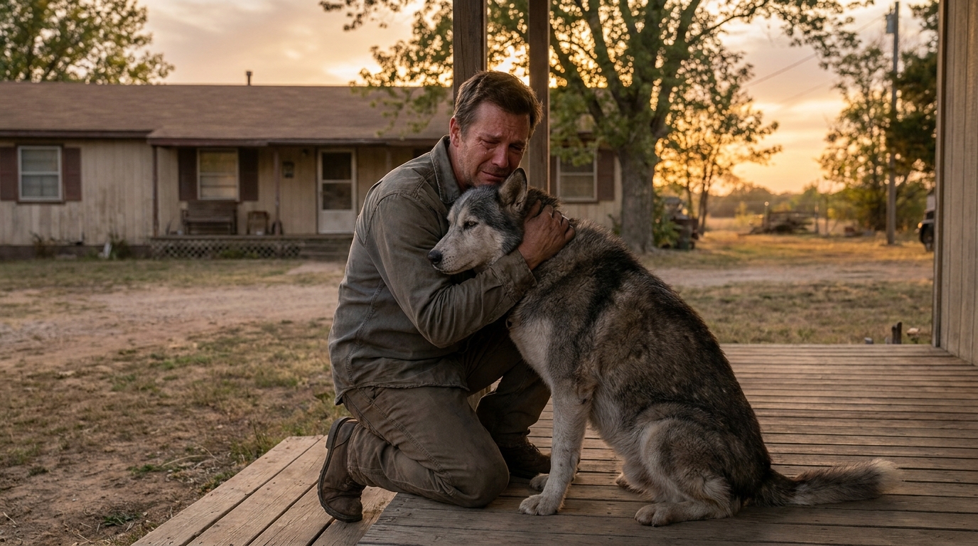 Un homme ému serre dans ses bras son vieux chien Husky sur le perron d'une maison, symbolisant des retrouvailles après une longue séparation.