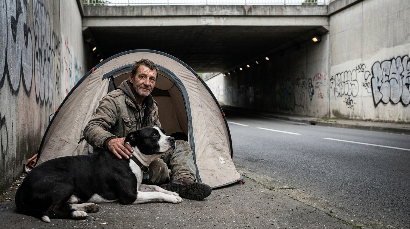 Un homme assis à l'entrée d'une tente installée dans un tunnel routier, son chien staffordshire noir et blanc loyalement couché à ses côtés.