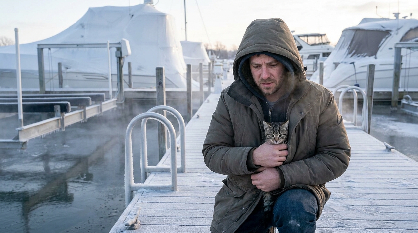 Un homme bienveillant enveloppe délicatement dans un manteau un petit chaton tigré qu'il vient de sauver du froid glacial sur un quai.
