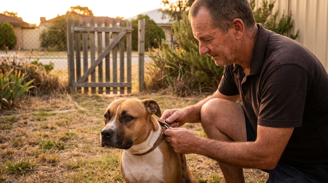 Un homme au grand cœur met une laisse à un American Staffordshire Terrier reconnaissant dans le jardin d'une maison abandonnée.