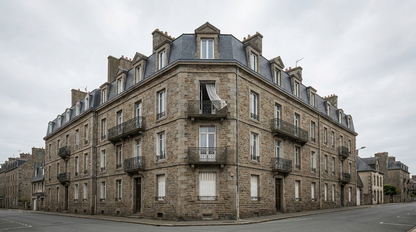 Un immeuble d'habitation en France avec une fenêtre ouverte au troisième étage, illustrant le drame d'un chien maltraité.