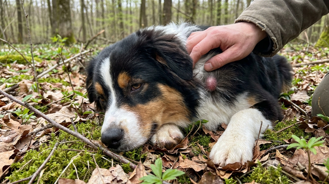Un jeune chien berger australien se repose dans l'herbe haute, un maître doit surveiller tout gonflement suspect après une balade.