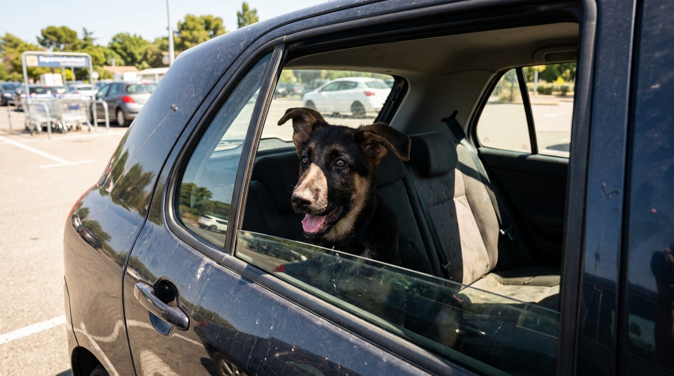 Un jeune chien de berger au pelage noir et feu, assis sur la banquette arrière d'une voiture, regardant par la fenêtre un jour de grand soleil.