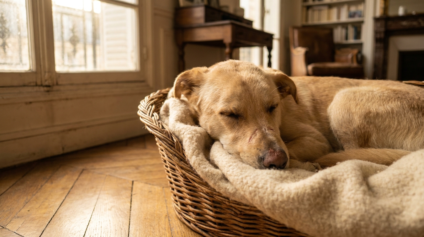 Un jeune chien au pelage clair dort paisiblement dans un panier confortable, symbole de sa nouvelle vie après un sauvetage difficile.