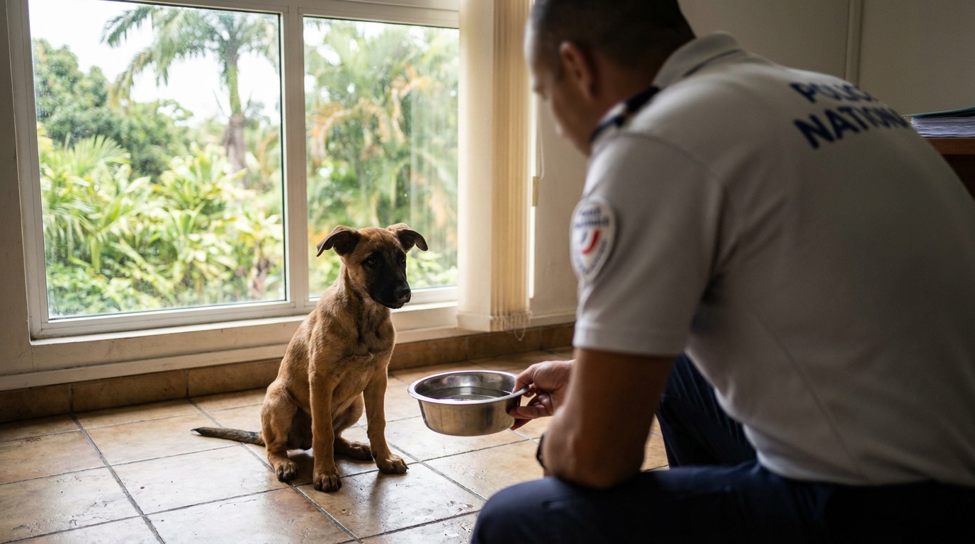 Une jeune chienne croisée malinois au regard craintif mais plein d'espoir, assise en sécurité après son sauvetage.