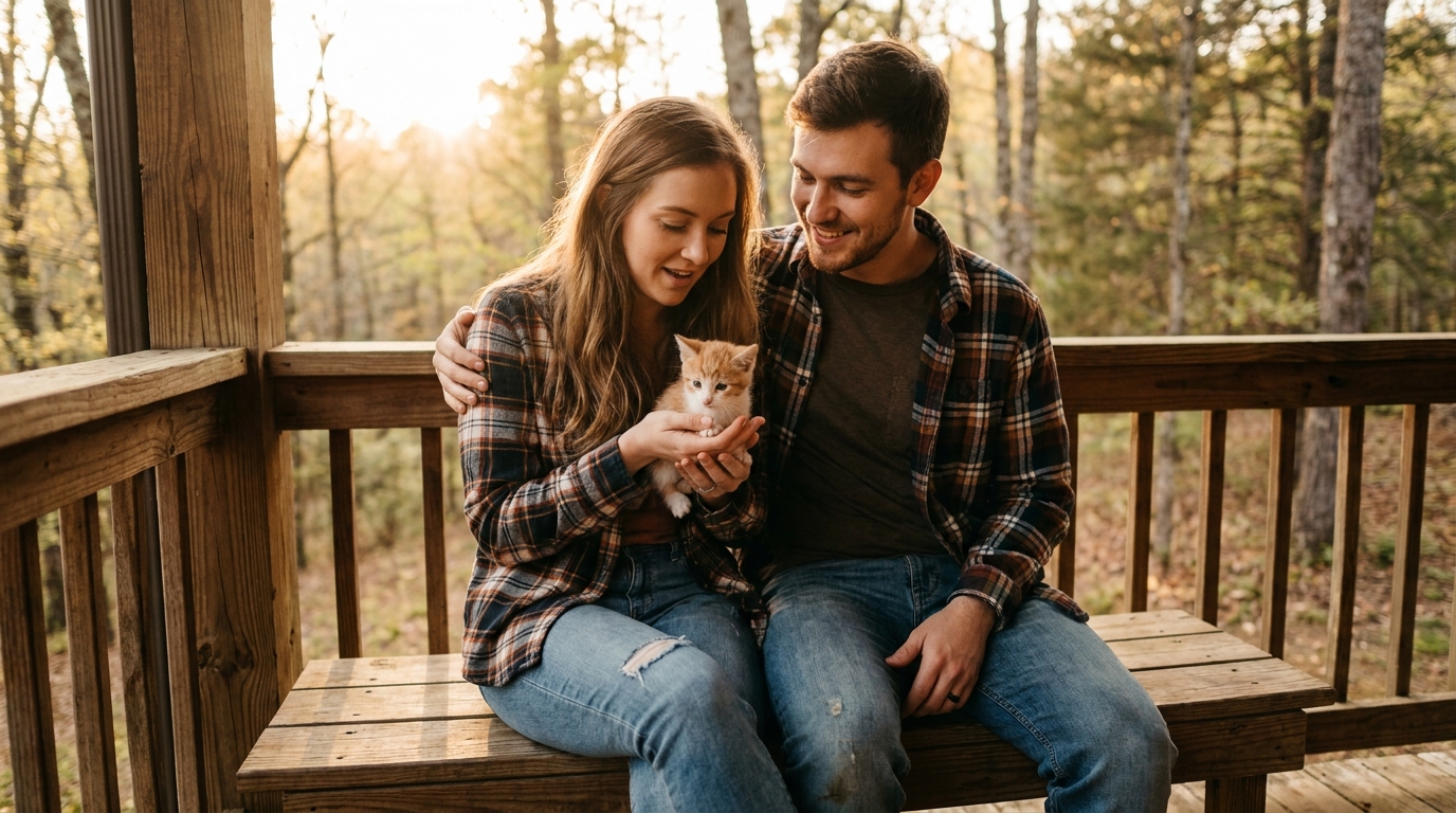 Un jeune couple regarde avec tendresse un petit chaton tigré roux et blanc qu'ils tiennent dans leurs mains, le cœur rempli d'émotion.