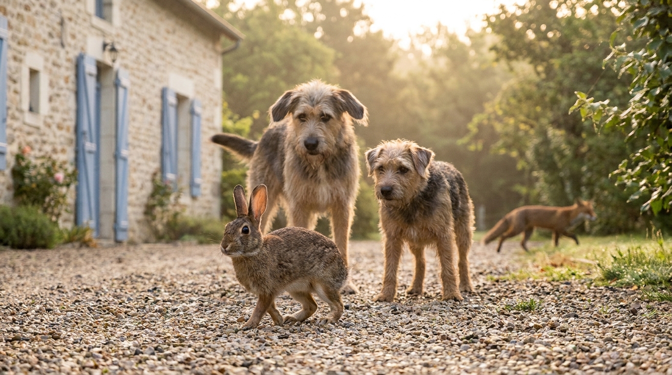 Un homme regarde avec étonnement un petit lapin brun qui se tient près de ses deux chiens sur une allée de jardin.