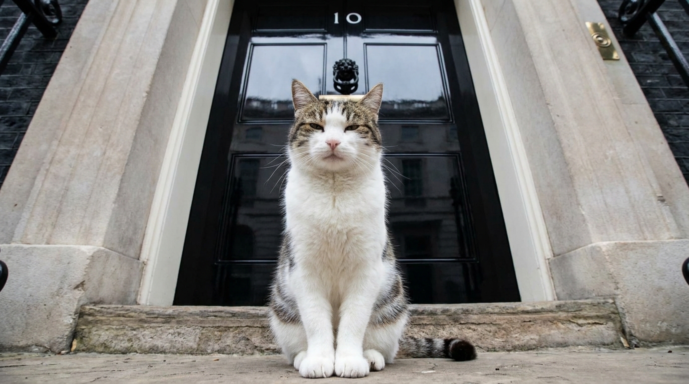 Le chat Larry, un tabby blanc et tigré, assis avec flegme sur le perron de la célèbre porte noire du 10 Downing Street.